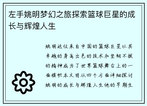 左手姚明梦幻之旅探索篮球巨星的成长与辉煌人生